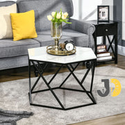 طاولة قهوة سداسية من الرخام والمعدن باللونين الأبيض والأسود
Hexagonal white marble and black metal coffee table